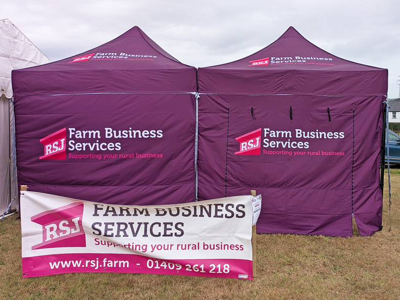 Rear view of RSJ Farm Business Services double gazebo with full back walls at Holsworthy Agricultural Show
