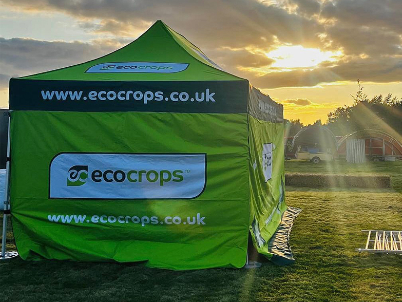 Eco Crops 3x6m branded gazebo side view with bold printed panels